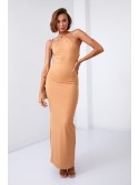 Maxi ribbed dress with a slit, beige 110591 - Online store - Boutique